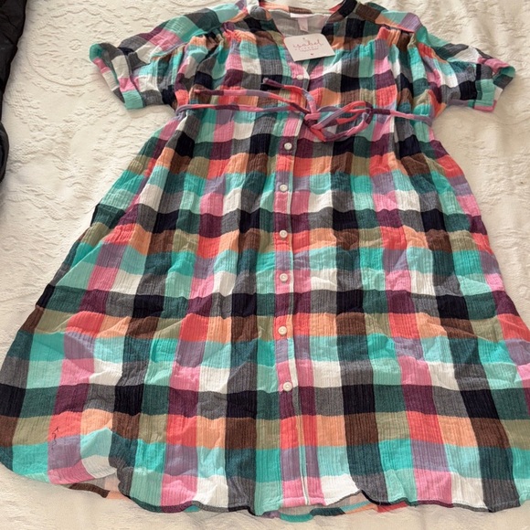 BNWT Isabel Maternity Dolman Colorful Plaid Button Up Shirt Tunic Dress - Picture 1 of 12